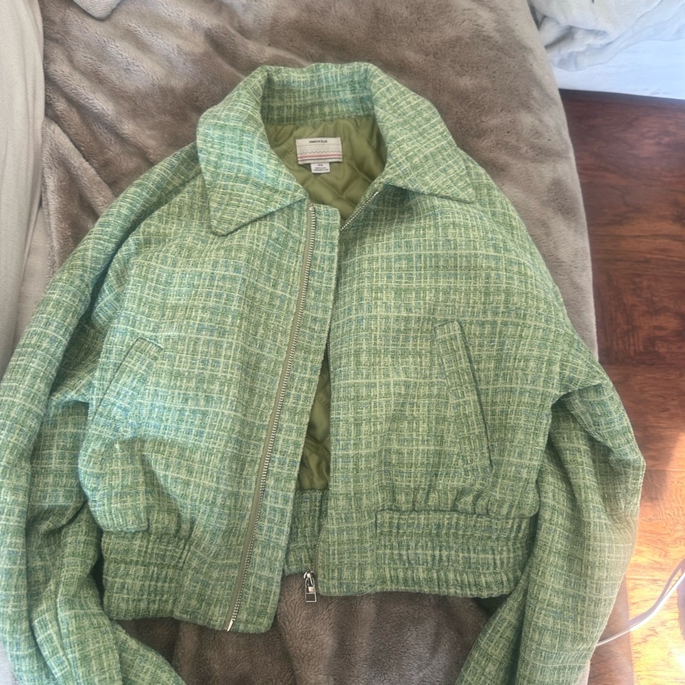 Kimchi Blue Green Tweed cropped Bomber Jacket